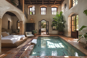Tranquil Indoor Pool in a Rustic Spanish Courtyard