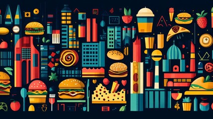 Vibrant collage of city life, food, and architecture.