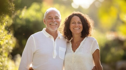 Joyful moment of a senior biracial couple walking arm in arm, smiling brightly, with a serene background featuring soft tones and open space for text.