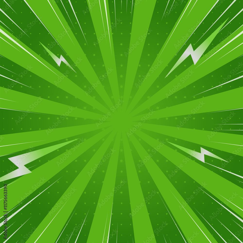 Poster dynamic green comic book background with halftone and radial speed lines. perfect for action scenes.