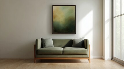 Fototapeta premium A green couch sits in a minimalist living room, complemented by a muted-toned landscape painting. Sunlight streams in from a nearby window.