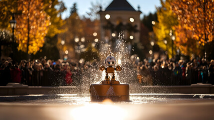 Small robot in fountain, autumn park, crowd.