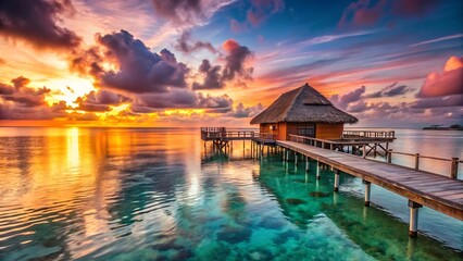 Obraz premium Tranquil Overwater Bungalow Sunset Scene with Vibrant Turquoise Waters