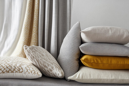 Decorative pillows and elegant curtains adorn a cozy living space highlighting modern interior design elements