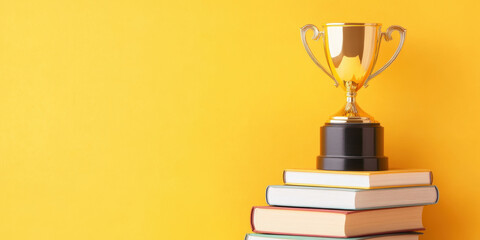 Trophy on stack of books with yellow background symbolizing achievement and success