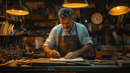 Craftsmanship dedication by mature Caucasian man in workshop with rustic tools and warm lighting