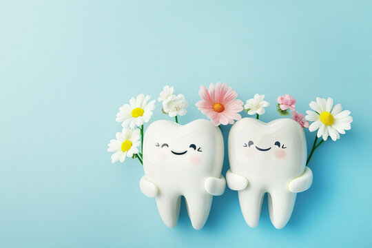 Two cartoon funny teeth, holding flowers in their hands, wishing a Happy Dentist`s Day.