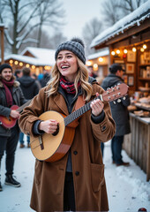 "Woman Singing and Playing Guitar at Maslenitsa Festival"