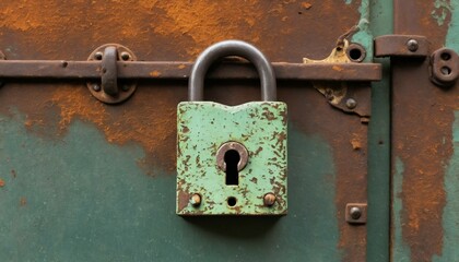 Antique iron padlock with peeling paint placed on a rough, rusted metal plate