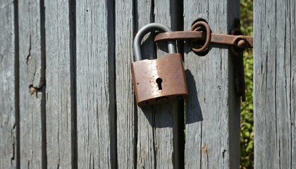 Faded iron padlock hanging from the corner of a splintered wooden fence