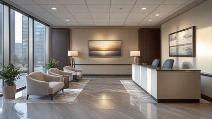 Elegant law firm reception, sleek modern desks, framed art adorning walls, inviting space for professional consultations and client interactions
