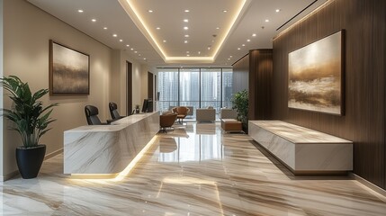 Elegant law firm reception, sleek desks, framed artwork, professional consultations, inviting atmosphere, modern design, sophisticated ambiance