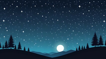 Naklejka premium Serene nightscape illustration featuring silhouetted pine trees against a backdrop of a full moon and starry sky. Ideal for peaceful, nature-themed projects.