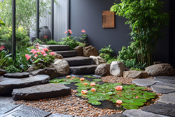 Serene Garden Oasis With Stone Steps And Water Feature