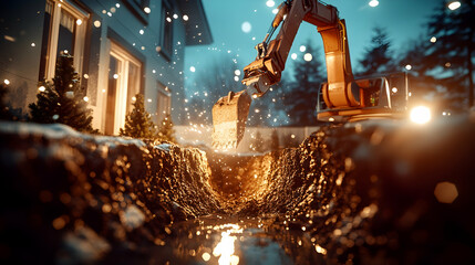 Excavator digging trench in snowy backyard at night.