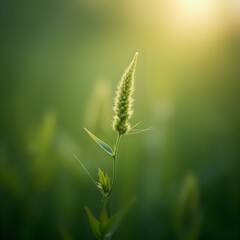 Fototapeta premium The image features a close-up of a grass or plant stem with green spikes and leaves, set against a blurred green background, with the sun casting a warm glow through the foliage.