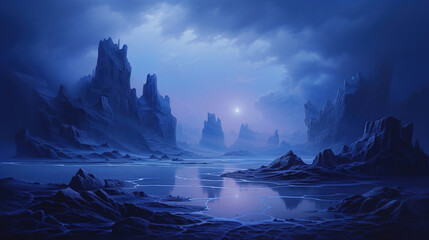 A Blue Moonlit Landscape of Fantasy Mountains