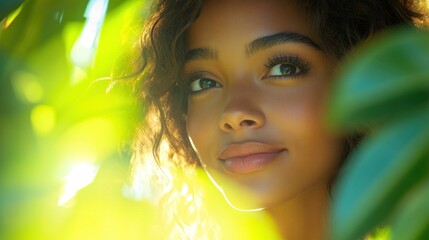 Fototapeta premium A close-up portrait of a young woman surrounded by lush greenery, exuding warmth and serenity.