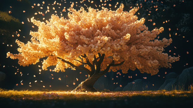 Sunlit cherry blossoms drift gently in breeze.