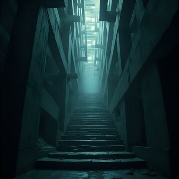A dark, shadowy corridor stretches out with a series of stairs leading up to a light at the end. The scene is shrouded in a mysterious ambiance, with no discernible text or countable objects visible.