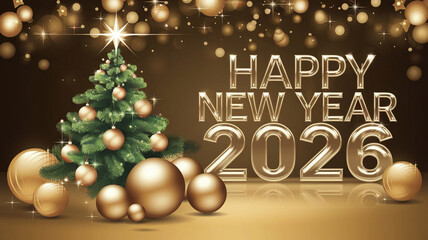 Naklejka premium New Year banner, Happy New Year 2026 poster , Christmas balls, New Year tree on a golden background, cool illustration