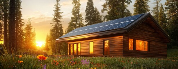 Fototapeta premium Solar-powered Eco-Lodges Blending Seamlessly with Nature, a realistic photo capturing a solar-powered lodge with sleek panels on the roof, surrounded by tall trees and vibrant wildflowers