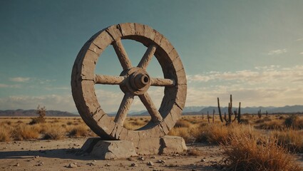 Antique stone wheel in desert landscape. Minimal abstract evolution and humanity progress concept. Copy space.