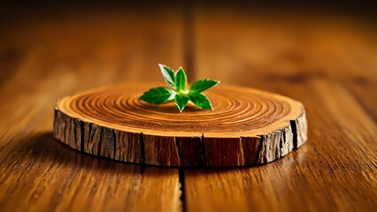 A small green plant sits atop a polished wood slice, creating a serene and natural scene. Perfect for illustrating themes of growth, nature, and tranquility.