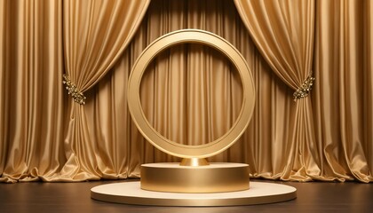 Small single golden circular podium on a luxurious silk curtain background