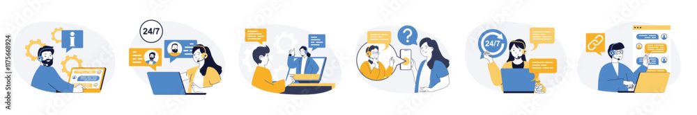 Poster Call center concept set in flat web design. Collection with people answering calls in helpline and online messages, consulting clients in support service. Vector illustrations on white background.