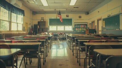 A soft focus on an empty elementary school classroom evoking nostalgia and anticipation for learning
