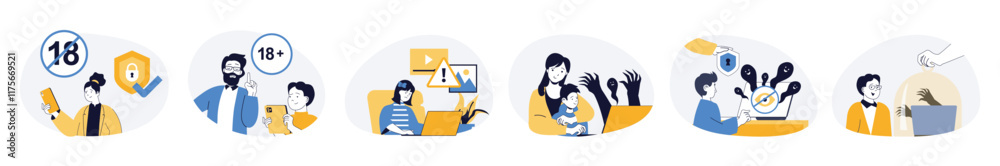 Fototapete Internet cyber safety for kids concept set in flat web design. Collection with people protecting child online privacy with parental control and block content. Vector illustrations on white background.
