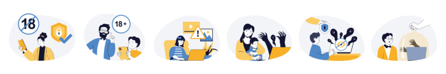Internet cyber safety for kids concept set in flat web design. Collection with people protecting child online privacy with parental control and block content. Vector illustrations on white background.