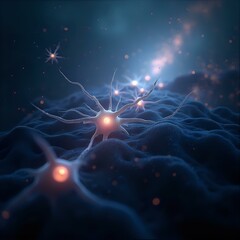 The image shows a close-up view of microscopic, glowing particles resembling a cloud or a sea of neurons, set against a dark background with small stars and light elements.