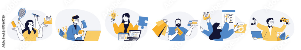 Aufkleber Multitasking work concept set in flat web design. Collection with people doing different tasks in same time, calling, earning, playing and doing projects. Vector illustrations on white background.