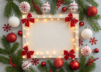 Christmas light frame decorated with red and white baubles, bows and fir branches. Copy space in the center