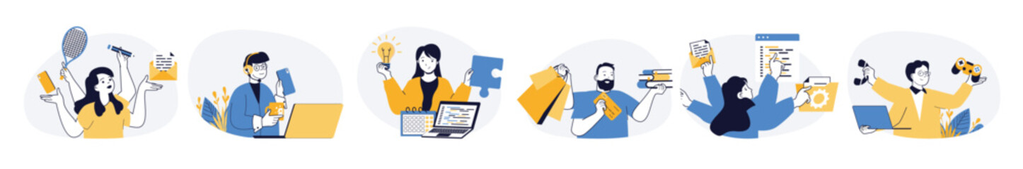 Multitasking work concept set in flat web design. Collection with people doing different tasks in same time, calling, earning, playing and doing projects. Vector illustrations on white background.