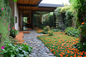 Obraz premium Modern Home Courtyard Garden With Orange Flowers And Stone Path
