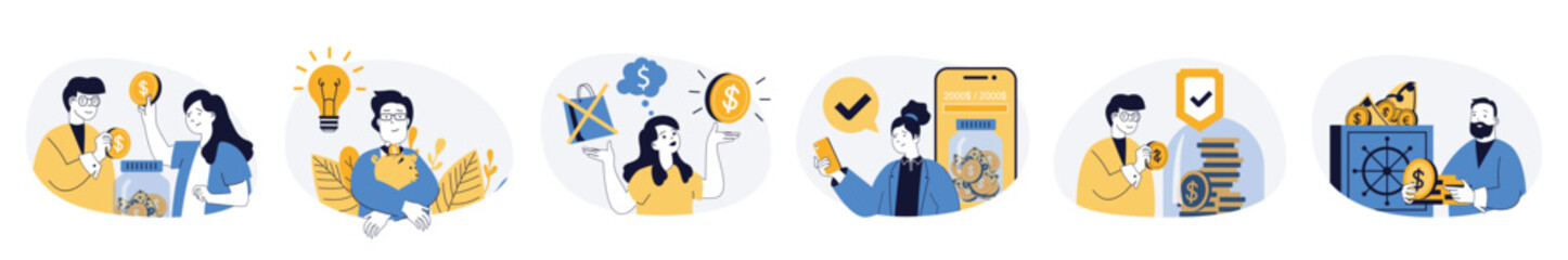 Saving money concept set in flat web design. Collection with people planning budget, managing finance, investing, doing deposit for future and getting profit. Vector illustrations on white background.