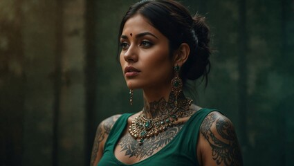 Beautiful Indian woman model with tattoos in stylish green outfit. Fashion and party concept. Copy space.