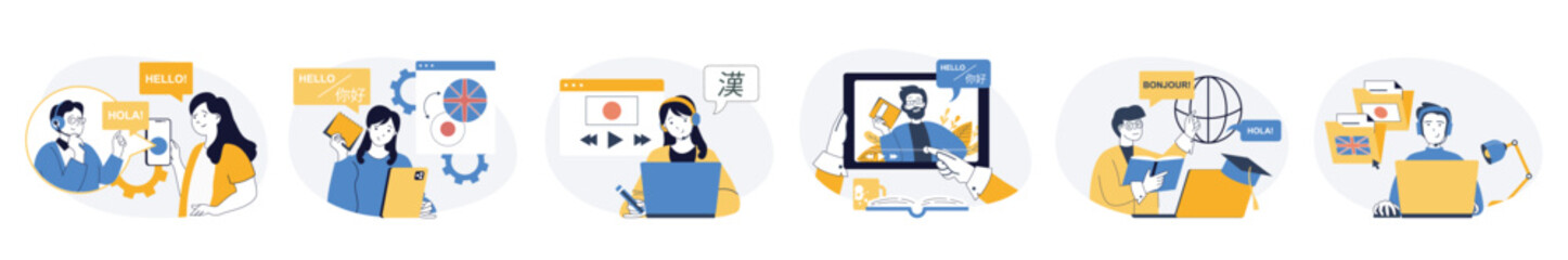 Studying foreign language concept set in flat web design. Collection with people learning english, spanish, japanese at online course, training by video. Vector illustrations on white background.