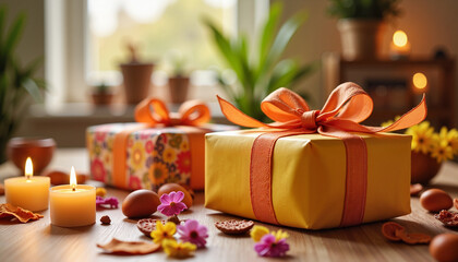 Festive Ugadi gifts wrapped in vibrant paper on tabletop, cultural celebration
