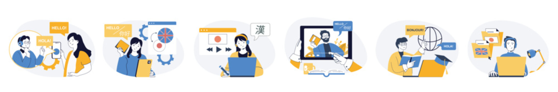 Studying foreign language concept set in flat web design. Collection with people learning english, spanish, japanese at online course, training by video. Vector illustrations on white background.