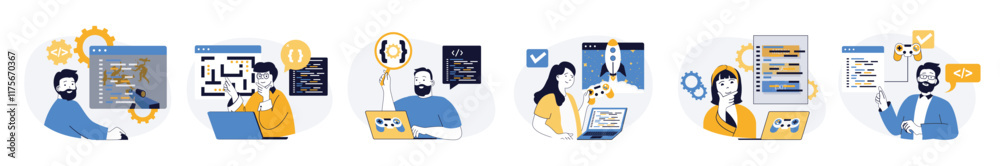Aufkleber Video game developer concept set in flat web design. Collection with people programming code, engineering different computer games and testing interface. Vector illustrations on white background.