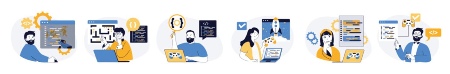 Video game developer concept set in flat web design. Collection with people programming code, engineering different computer games and testing interface. Vector illustrations on white background. © alexdndz