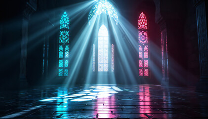 Naklejka premium A dimly lit interior space featuring tall, ornate stained glass windows with blue and red hues. Light beams filter through the windows, creating dramatic shadows on the polished floor . The atmospher.