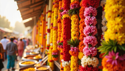 Fototapeta premium Vibrant Ugadi flower garlands in bustling marketplace, cultural celebration