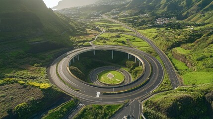 Aerial view of a circular highway interchange surrounded by lush green landscape.