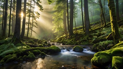 Fototapeta premium Sunlit Forest Stream Mossy Rocks Green Nature