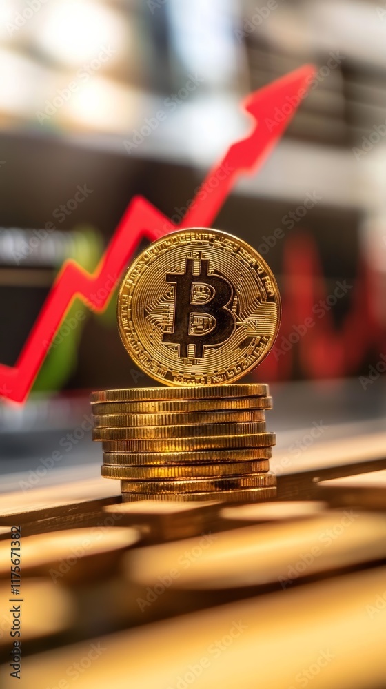 Poster golden bitcoin standing on a stack of coins with red arrow pointing up, showing a positive trend and